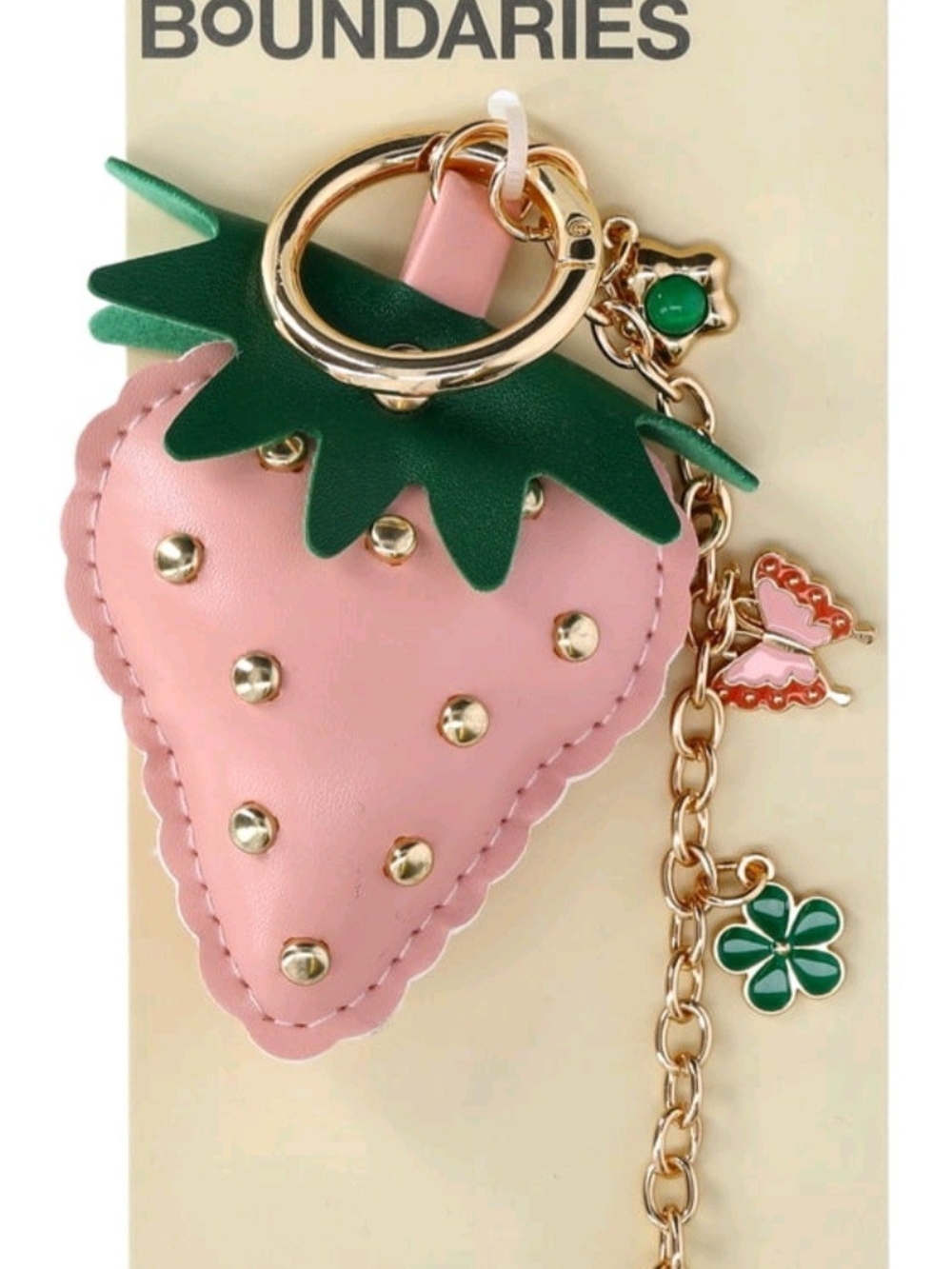 No Boundaries Pink Strawberry Charm Keychain with Green Leaves & Gold Accents - Picture 2 of 2